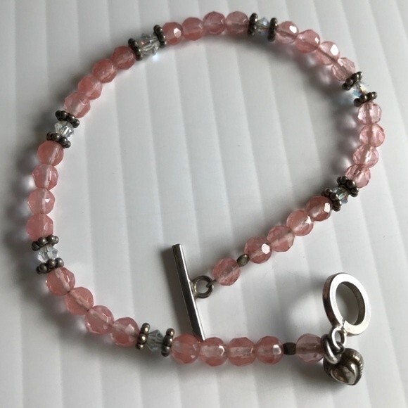 Vintage Handmade Strawberry Quartz Swarovski Crystal Sterling Silver Bracelet - Picture 8 of 10
